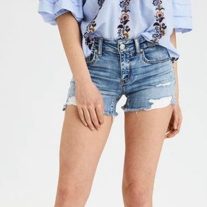 American Eagle Next Level Stretch Midi Blue Jean Denim Shorts Distressed Vintage
